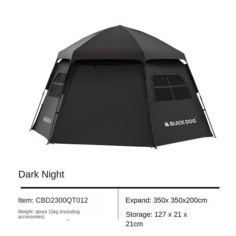 BLACKDOG HEXAGONAL Black Automatic Dome Tent Waterproof Vinyl Coated Sunscreen Large Spee for 4-6 Person Hexagon 3 Door 3 Awning Outdoor Camping Hexagon Fast Build Tent