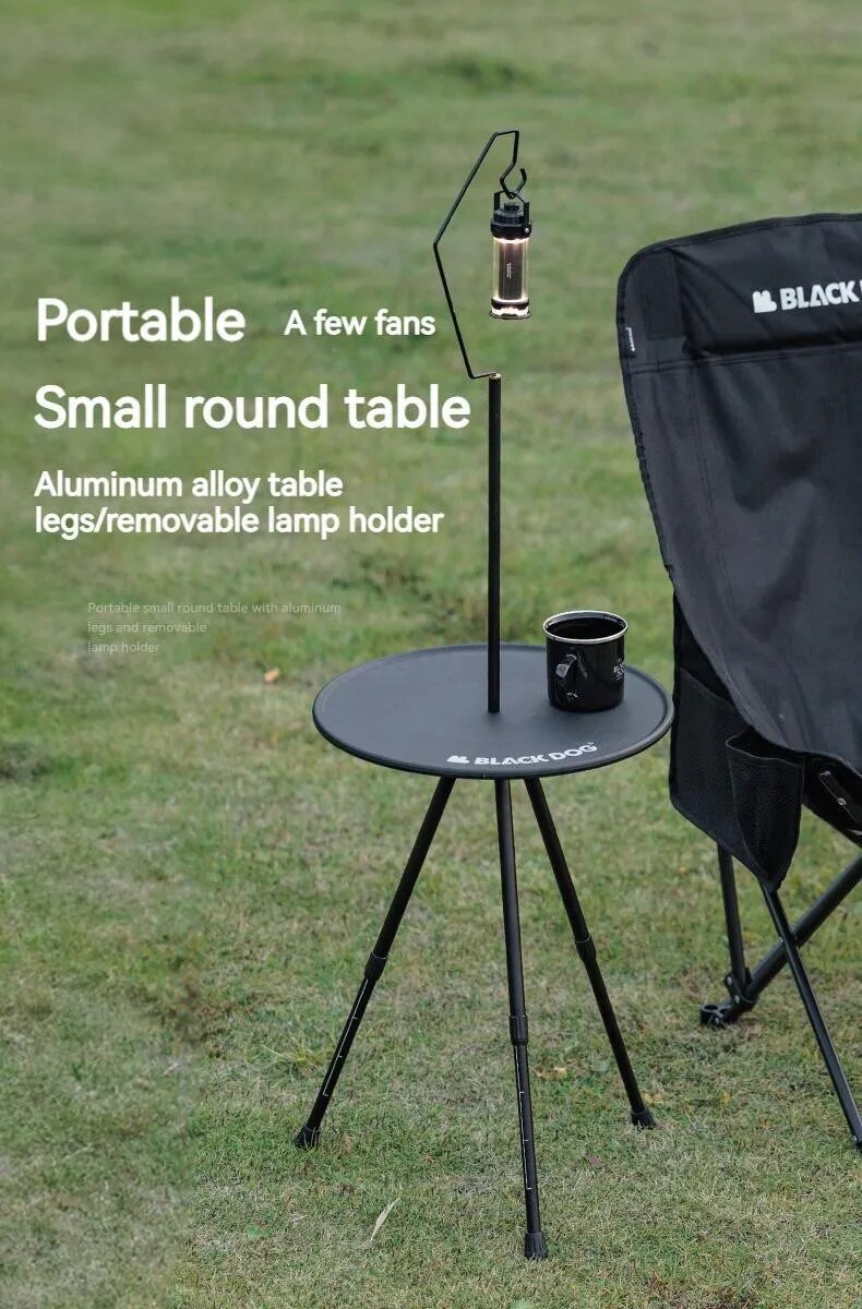 BLACKDOG Black Round Table Portable Aluminum Alloy Tea Coffee Table With Lamp Light Pole Post Stand Holder Portable Ultralight Adjustable Height Outdoor Camping Picnic Side Table Black Dog