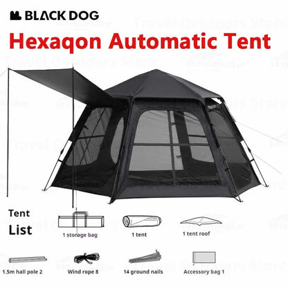 BLACKDOG Six Dome Hexagonal Automatic Tent Portable Lightweight Hexagon One-touch Automatic Quick-open Tent Waterproof Cabin Windscreen House Camping Hiking Outdoor Picnic Beach Travel Heavy Duty Original Black Dog