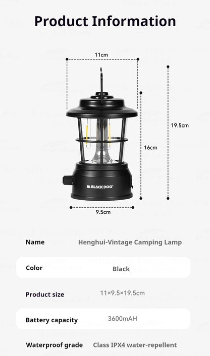 Blackdog Retro Mini Camping Light Portable Lightweight Rechargeable Lamp Waterproof 3600mAH Battery LED Atmosphere Stepless Dimming Hanging Lantern