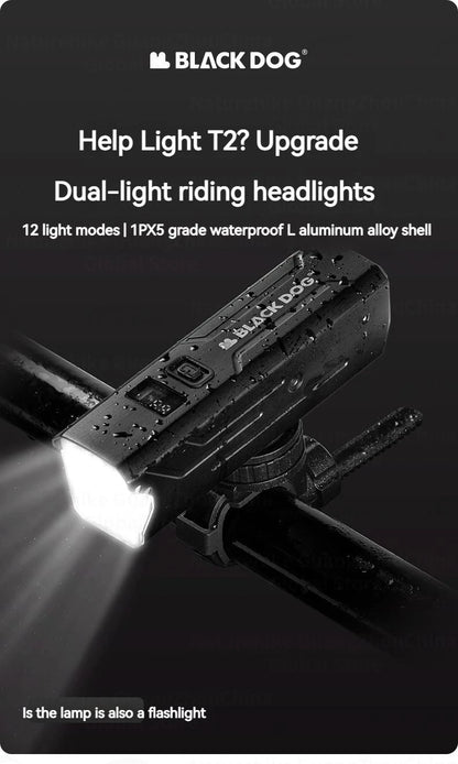 BLACKDOG T2 Dual Beam Cycling Headlight Portable Ultralight Outdoor Strong Night Bike Light Riding Lamp Flashlight Induction Sensor Front Rear Light USB Rechargeable Waterproof Mountain Bicycle Heavy Duty Original Black Dog