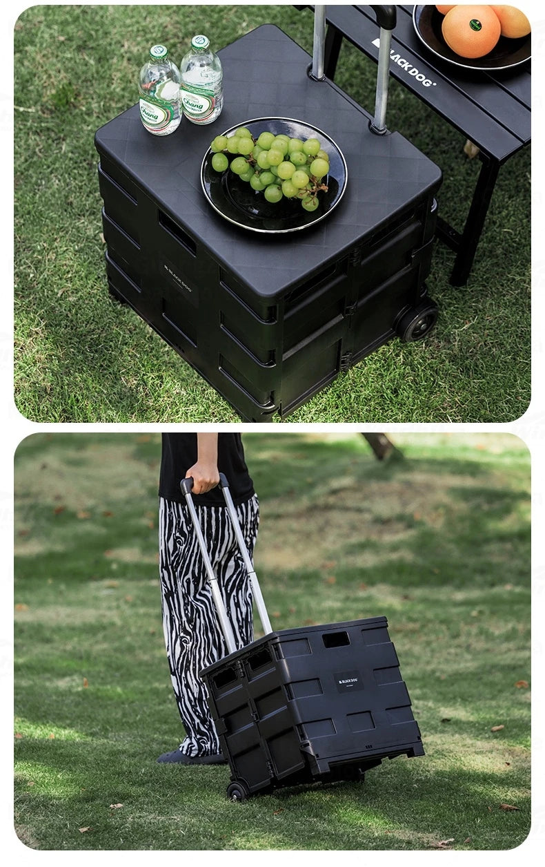 BLACKDOG Black Folding Trolley Portable Lightweight 50L Capacity Storage Box Cart With Wheels Pushing Cart Pull Rod Shopping Camping Hiking Picnic Travel Equipment Heavy Duty Original Black Dog