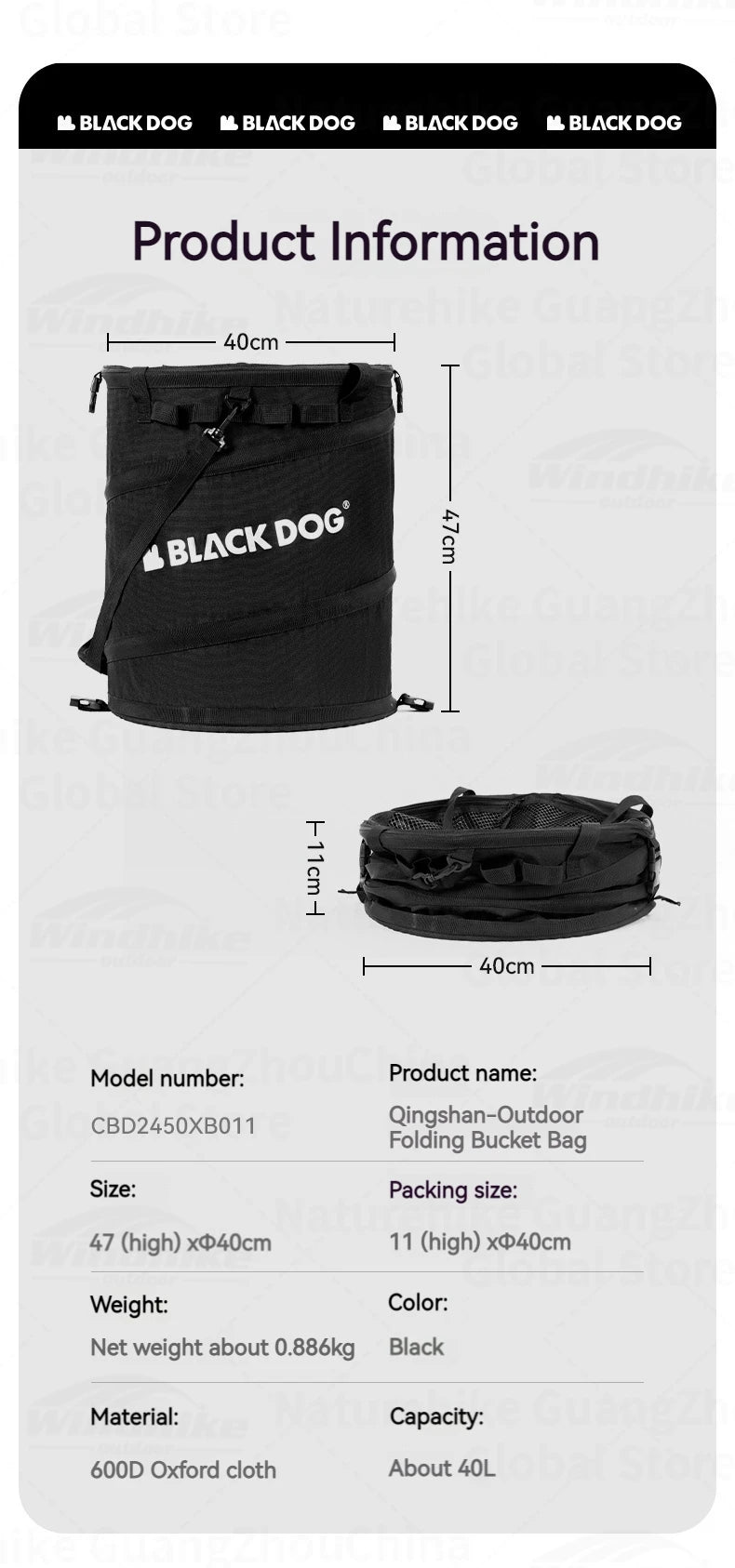 BLACKDOG Outdoor Folding Bucket Bag 40L Capacity Outdoor Portable Ultralight Multi-Functional Folding Round Clothes Bag Sundry Storage Box Hiking Camping Picnic Beach Travel  Heavy Duty Original Black Dog