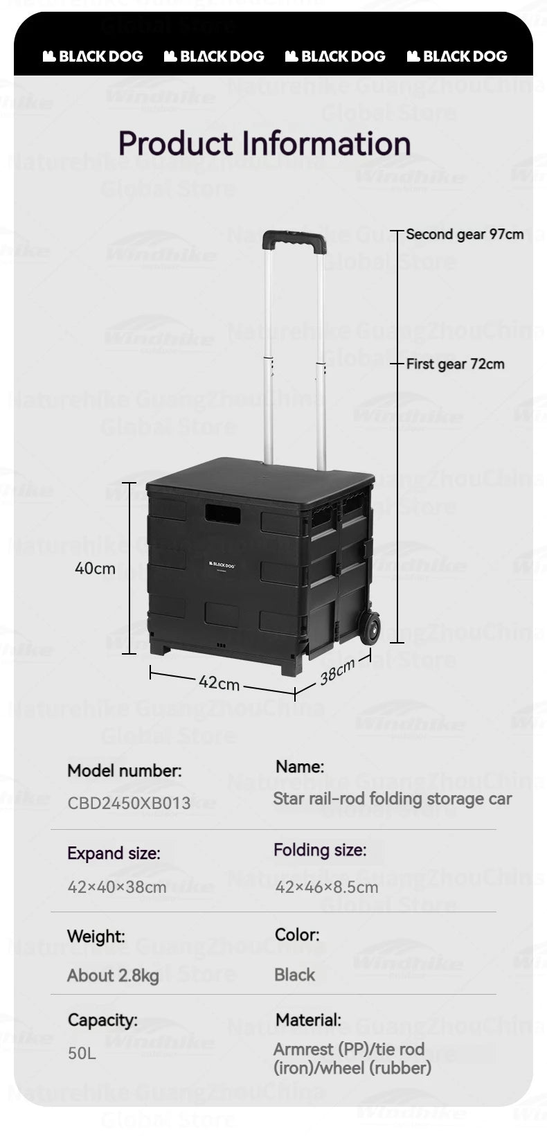 BLACKDOG Black Folding Trolley Portable Lightweight 50L Capacity Storage Box Cart With Wheels Pushing Cart Pull Rod Shopping Camping Hiking Picnic Travel Equipment Heavy Duty Original Black Dog