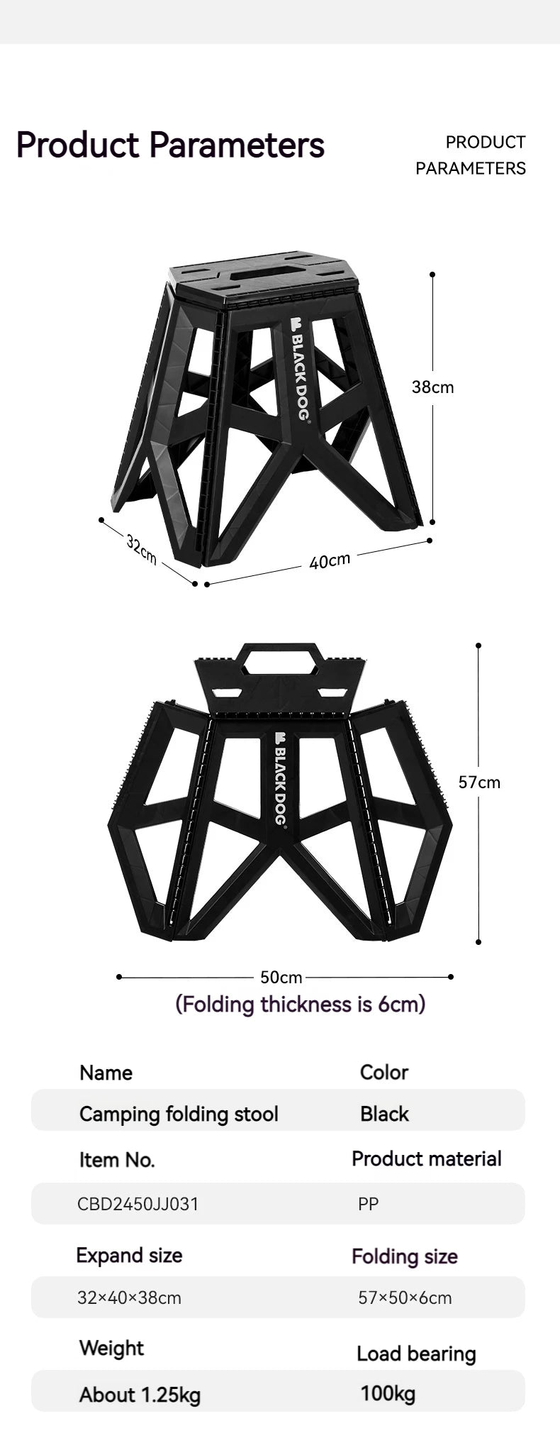 BLACKDOG Camping Folding Stool Portable Ultralight PP Chair Outdoor Stable Bucket Rack Camping Travel Fishing Beach Stool Chair Load Bearing 100kg Heavy Duty