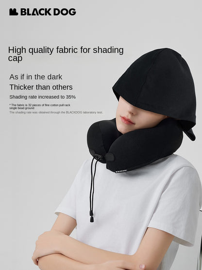 BLACKDOG SNAIL U-Shaped Hooded Memory Foam Black Travel Pillow Comfortable Snug Fit 360° Wrap Design Portable Neck Support Hood Head Cover Headrest with Storage Bag Black Dog