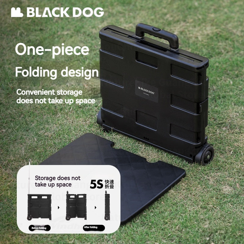 BLACKDOG Black Folding Trolley Portable Lightweight 50L Capacity Storage Box Cart With Wheels Pushing Cart Pull Rod Shopping Camping Hiking Picnic Travel Equipment Heavy Duty Original Black Dog