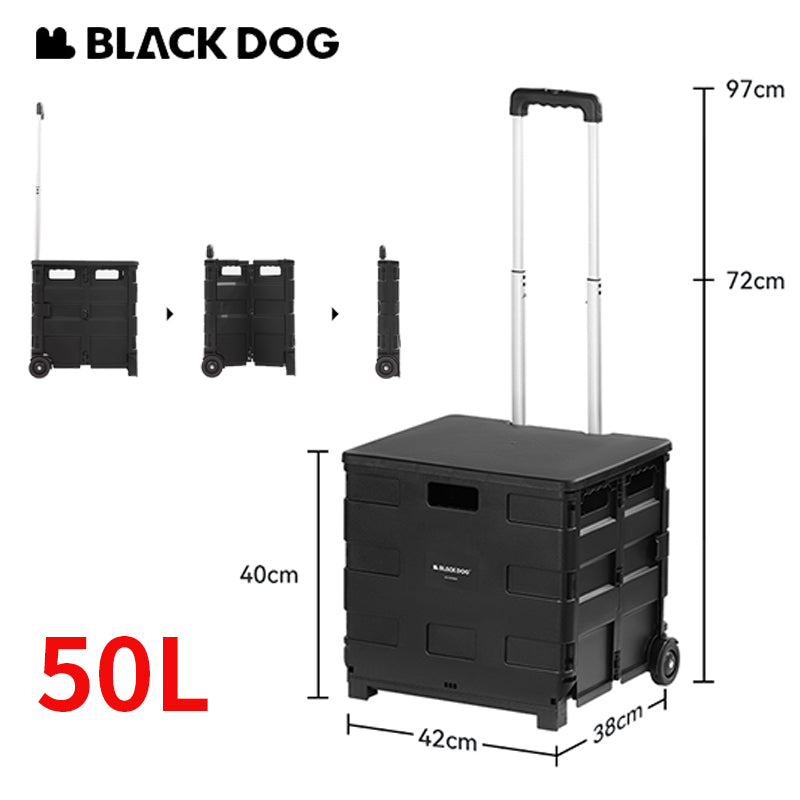 BLACKDOG Black Folding Trolley Portable Lightweight 50L Capacity Storage Box Cart With Wheels Pushing Cart Pull Rod Shopping Camping Hiking Picnic Travel Equipment Heavy Duty Original Black Dog