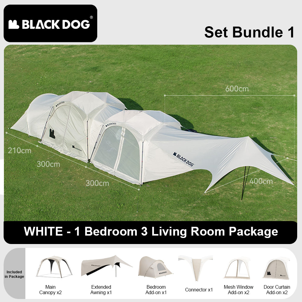 BLACKDOG UNICORN DOME TENT Automatic Multiple Setting Canopy Tent Unlimited Connection Bedroom Awning Living Area Waterproof Outdoor Camping Vinyl Coated UPF100+ UV Sun Protection Black White Fast Build 4-12 Person Large Space Heavy Duty Shelter