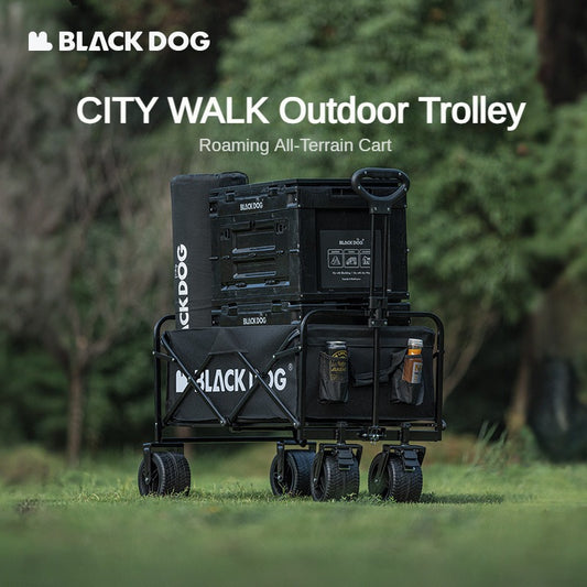 BLACKDOG CITY WALK Black Outdoor Trolley 100L Capacity 200kg Max Load All Terrain Thick Wheels with Brakes 600D Oxford Steel Frame Heavy Duty Camping Cart Wagon Carrier Black Dog