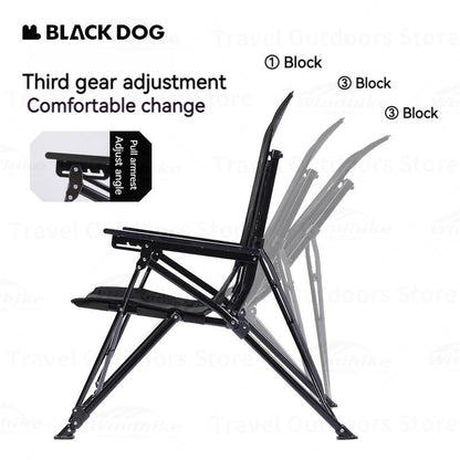 BLACKDOG Black Reclining High-Back Folding Chair Portable Foldable Camping Chair 3 Level Recliner 140kg Max Load Travel Picnic Seat Oxford Fabric Steel Iron Structure Heavy Duty Black Dog