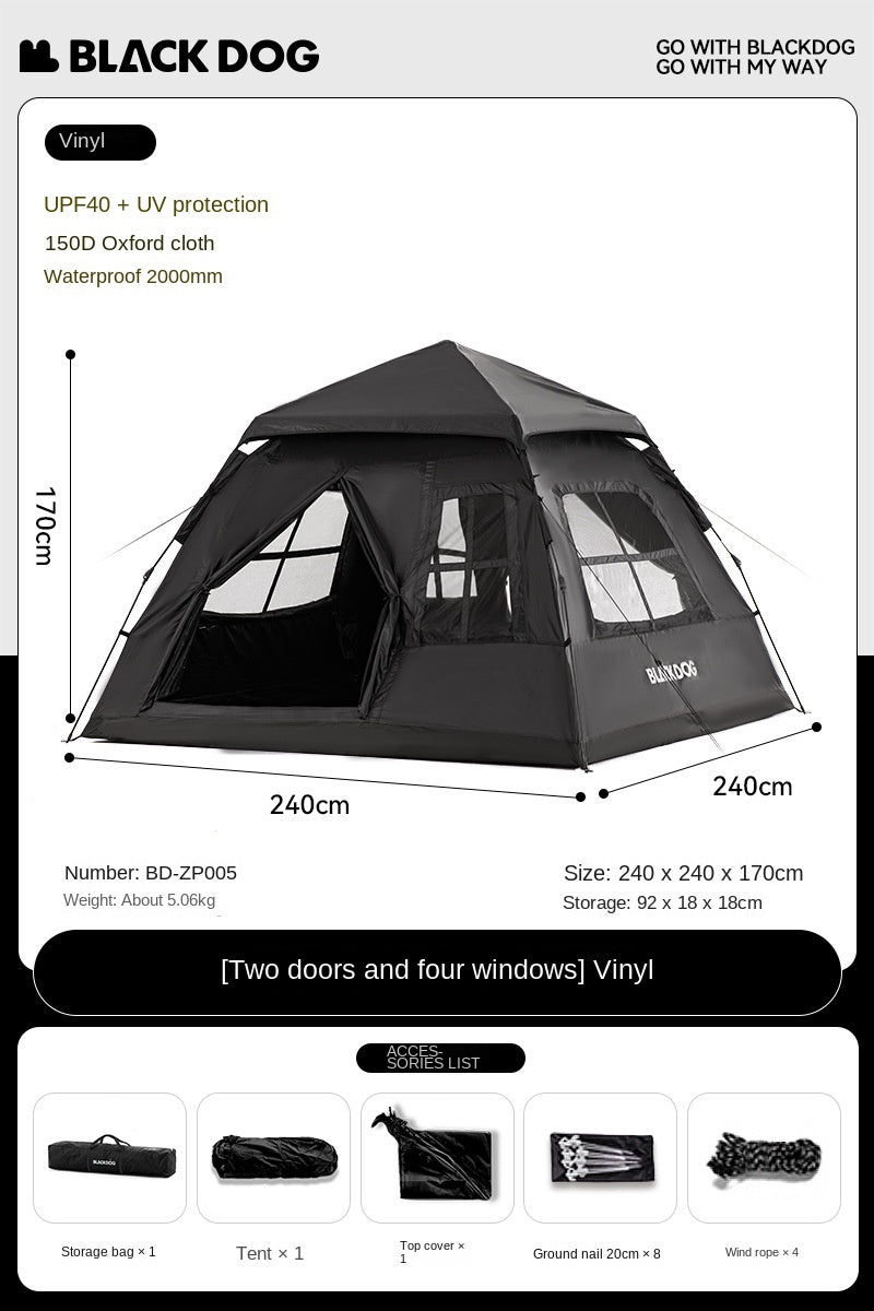 BLACKDOG Automatic Dome Camping Tent for 3-4 Person Black Vinyl Coated Sunscreen Waterproof Breathable 2 Doors 4 Windows