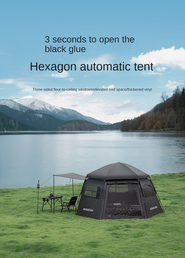 BLACKDOG HEXAGONAL Black Automatic Dome Tent Waterproof Vinyl Coated Sunscreen Large Spee for 4-6 Person Hexagon 3 Door 3 Awning Outdoor Camping Hexagon Fast Build Tent