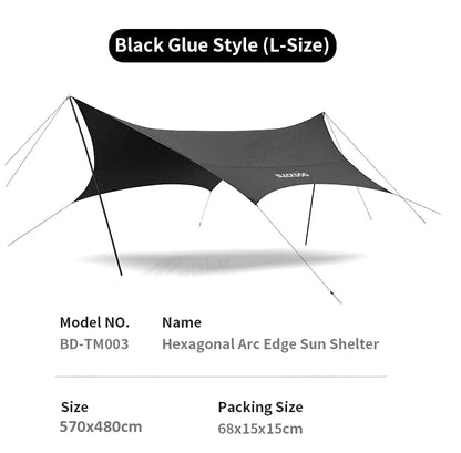 BLACKDOG Hexagonal Arc Edge Sky Curtain Large Canopy Awning Tarp Tent PU Coated Waterproof up to 27m² Shade Area UPF50+ Sunscreen Camping Hiking Picnic Beach Travel Shelter with Poles Hexagon Square Heavy Duty Original Black Dog