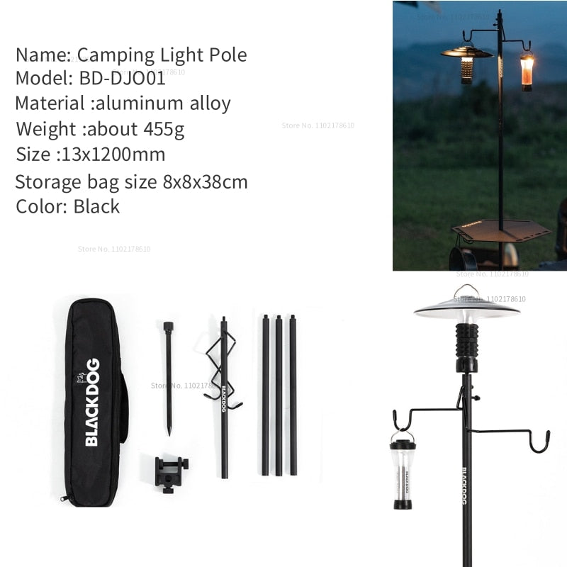 BLACKDOG Black Aluminum Lamp Pole Portable Outdoor Camping 4 Section Light Post With Optional Hexagon Tray Ultralight Lantern Holder Bracket Rod