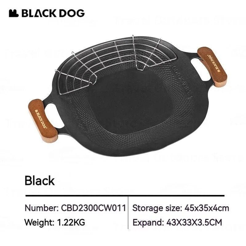 BLACKDOG Round Baking Pan Stove Grill Top Non-Stick Frying Grilling Korean BBQ Cookware Outdoor Camping Picnic Induction Ready Wood Handle with Bag Cooking Barbecue Equipment Utensil Black Dog