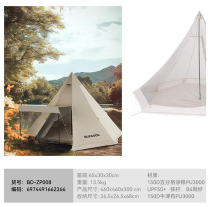 BLACKDOG Camping Pyramid Tent Outdoor for 5 to 8 Persons Black White Pyramid Tip Hexagon Silver Coated Waterproof Outdoor Camping Tent