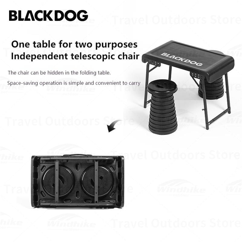 BLACKDOG Black Folding Table & Chair Set Portable Lightweight Foldable Table Chair Camping Aluminum PE Plastic Table Telescopic Chair Set Outdoor Hiking Picnic BBQ Dining Heavy Duty Original Black Dog