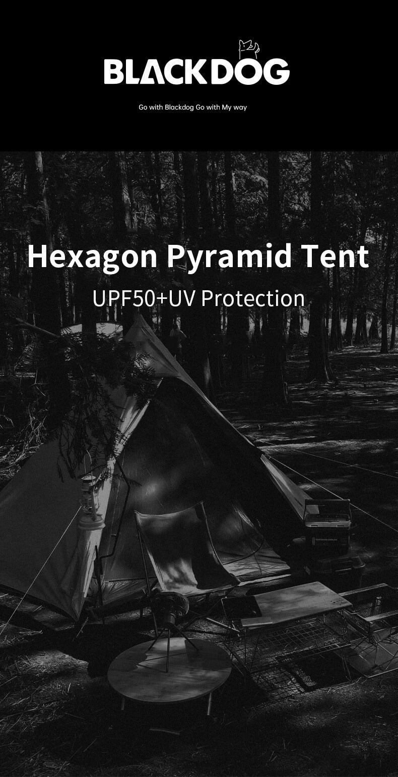 BLACKDOG Hexagon Pyramid Tent Portable Lightweight 3-4 Persons Black White Indian Pyramid 150D Oxford Cloth Outdoor Waterproof Tent Heavy Duty Original