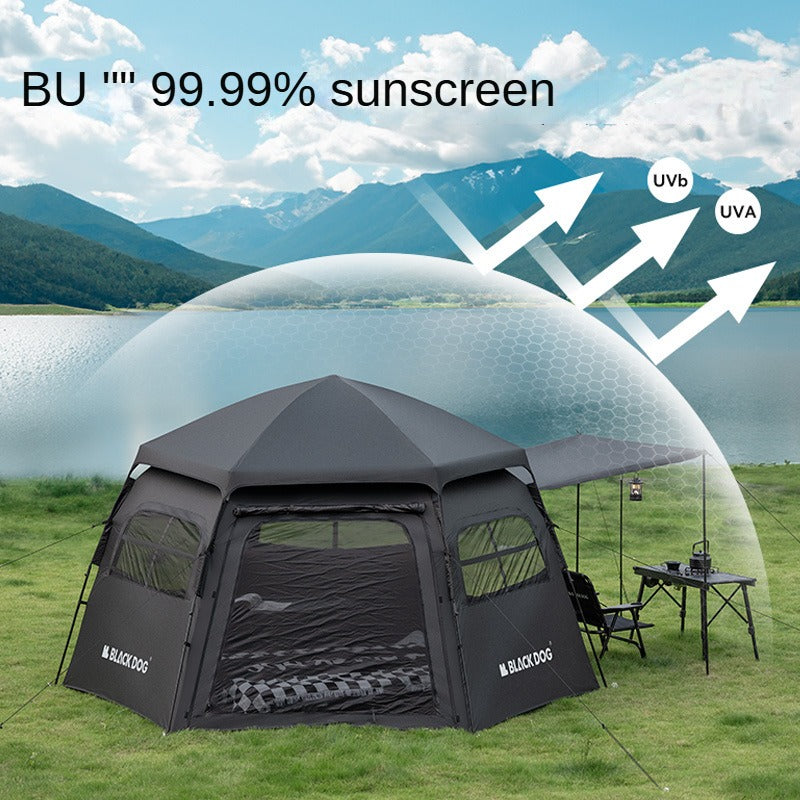 BLACKDOG HEXAGONAL Black Automatic Dome Tent Waterproof Vinyl Coated Sunscreen Large Spee for 4-6 Person Hexagon 3 Door 3 Awning Outdoor Camping Hexagon Fast Build Tent