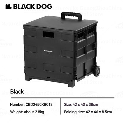 BLACKDOG Black Folding Trolley Portable Lightweight 50L Capacity Storage Box Cart With Wheels Pushing Cart Pull Rod Shopping Camping Hiking Picnic Travel Equipment Heavy Duty Original Black Dog