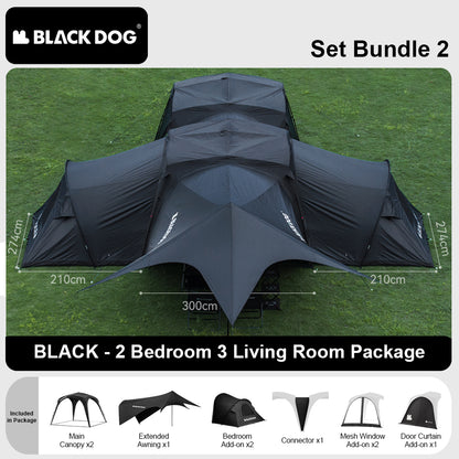 BLACKDOG UNICORN DOME TENT Automatic Multiple Setting Canopy Tent Unlimited Connection Bedroom Awning Living Area Waterproof Outdoor Camping Vinyl Coated UPF100+ UV Sun Protection Black White Fast Build 4-12 Person Large Space Heavy Duty Shelter