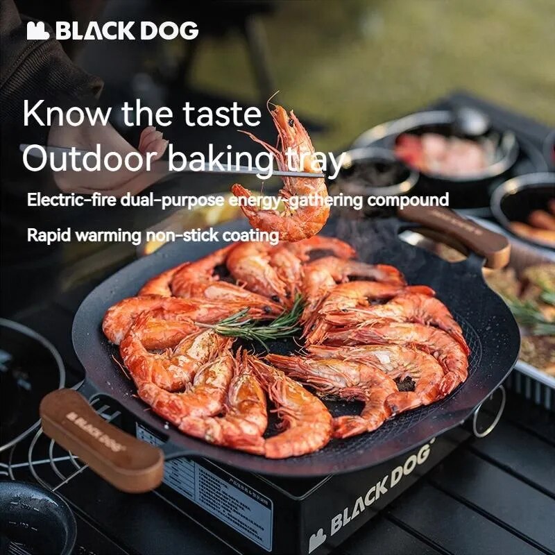 BLACKDOG Round Baking Pan Stove Grill Top Non-Stick Frying Grilling Korean BBQ Cookware Outdoor Camping Picnic Induction Ready Wood Handle with Bag Cooking Barbecue Equipment Utensil Black Dog