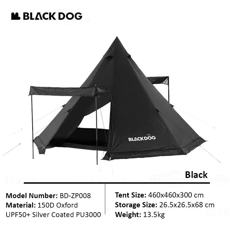 BLACKDOG Camping Pyramid Tent Outdoor for 5 to 8 Persons Black White Pyramid Tip Hexagon Silver Coated Waterproof Outdoor Camping Tent