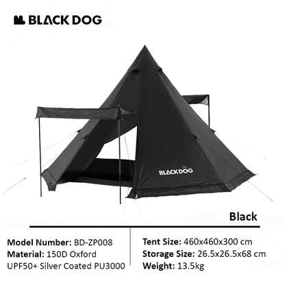 BLACKDOG Camping Pyramid Tent Outdoor for 5 to 8 Persons Black White Pyramid Tip Hexagon Silver Coated Waterproof Outdoor Camping Tent