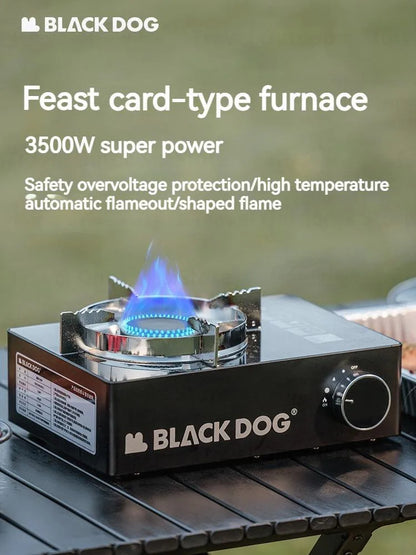 BLACKDOG FEAST Black Portable Mini High Power Butane Gas Stove 3.5kw Max Firepower Tempered Glass Panel Canister Outdoor Camping Cooking Cassette Burner Black Dog