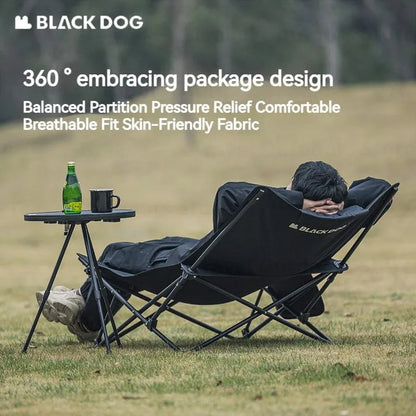 BLACKDOG Black Foldable Camping Lounger Portable Leisure Chair and Bed 2 in 1 Reclining Removable Headrest Pillow Folding Office Nap Bed Home Balcony Chair Outdoor Hiking Beach Picnic Travel Heavy Duty Original Black Dog