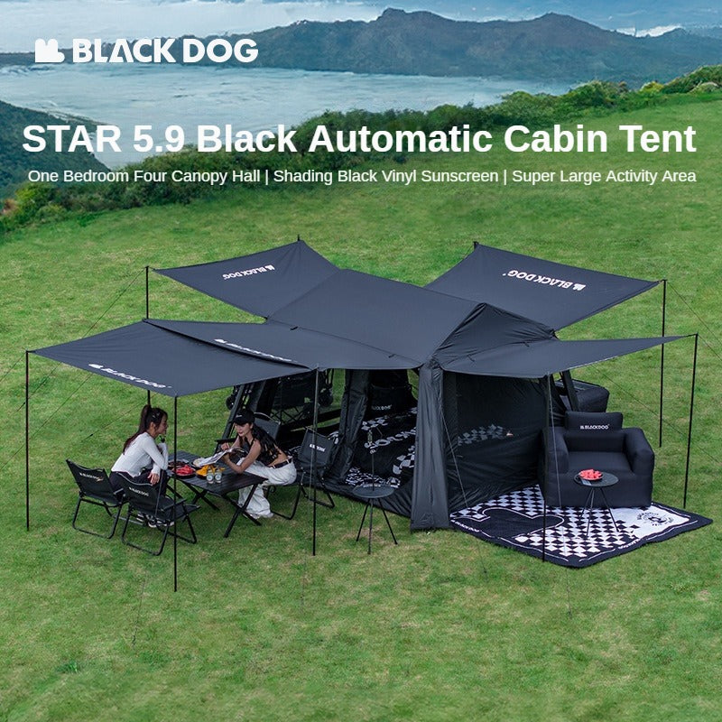 BLACKDOG STAR 5.9 Black Automatic Cabin Style Tent 1 Bedroom 4 Awning Canopy Halls Fast Build Vinyl Coated Sunscreen Waterproof Outdoor Camping Tent for 3-4 Person Large up to 27m² Usable Area