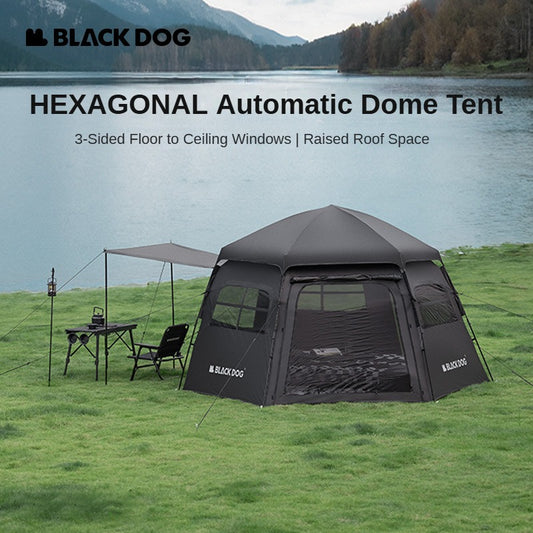 BLACKDOG HEXAGONAL Black Automatic Dome Tent Waterproof Vinyl Coated Sunscreen Large Spee for 4-6 Person Hexagon 3 Door 3 Awning Outdoor Camping Hexagon Fast Build Tent