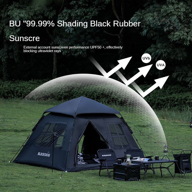 BLACKDOG Automatic Dome Camping Tent for 3-4 Person Black Vinyl Coated Sunscreen Waterproof Breathable 2 Doors 4 Windows