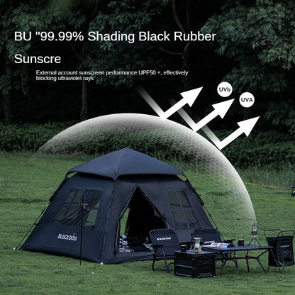 BLACKDOG Automatic Dome Camping Tent for 3-4 Person Black Vinyl Coated Sunscreen Waterproof Breathable 2 Doors 4 Windows