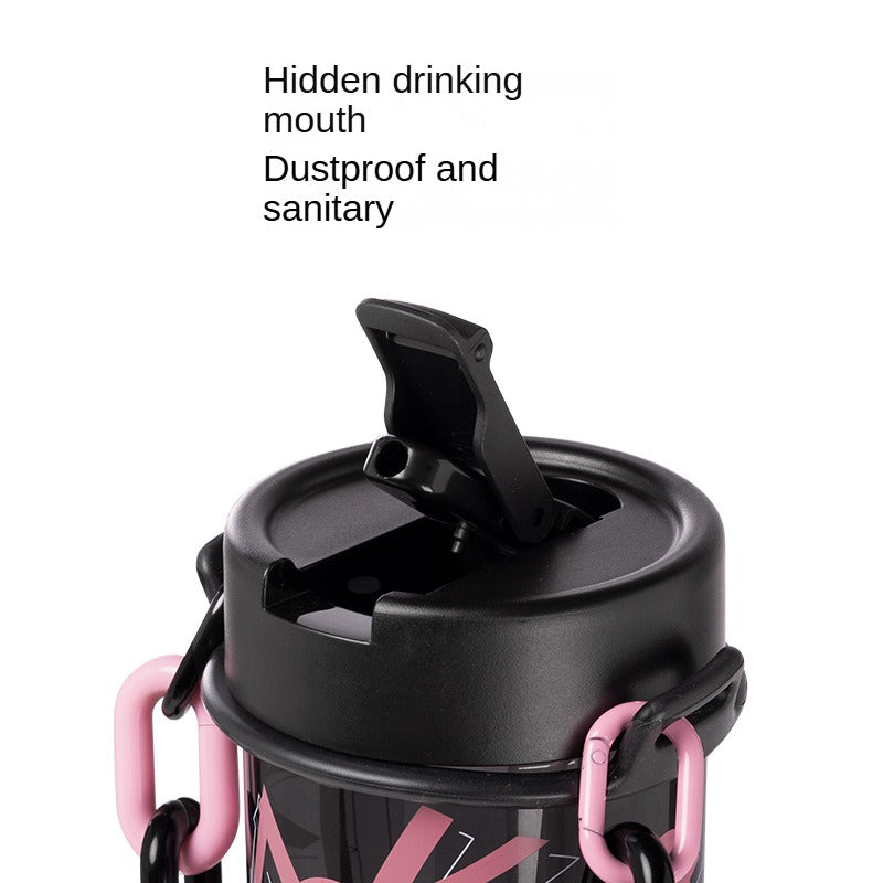 BLACKDOG Sweet & Cool Travel Cup Portable Lightweight Black Pink Tritan Water Bottle With Cap Hot And Cold Leak Proof On the Go Chain Handle