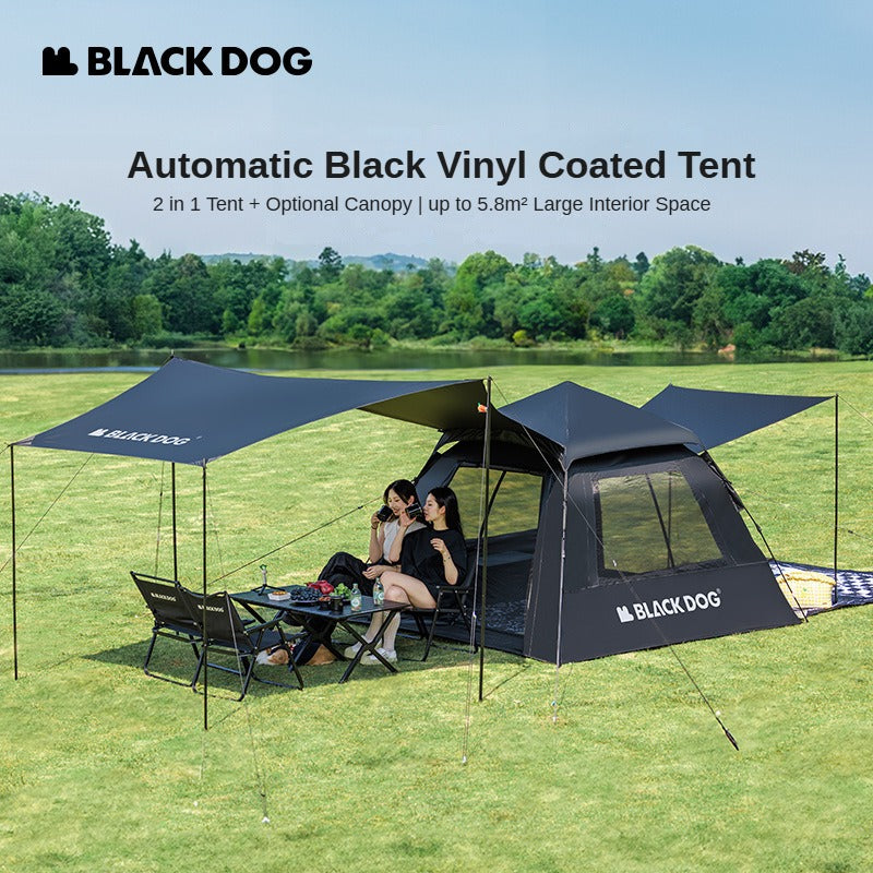 BLACKDOG Black Automatic Tent 2 in 1 Tent with Optional Canopy Tarp Add-on Large up to 5.8m² Interior Space for 3-4 Person Vinyl Coated Sunscreen Waterproof Breathable