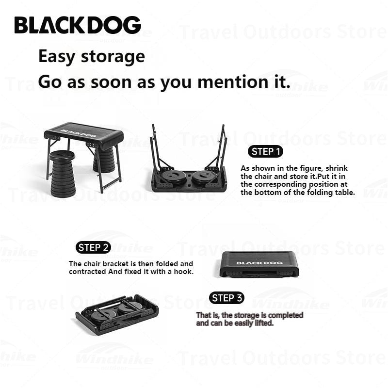 BLACKDOG Black Folding Table & Chair Set Portable Lightweight Foldable Table Chair Camping Aluminum PE Plastic Table Telescopic Chair Set Outdoor Hiking Picnic BBQ Dining Heavy Duty Original Black Dog