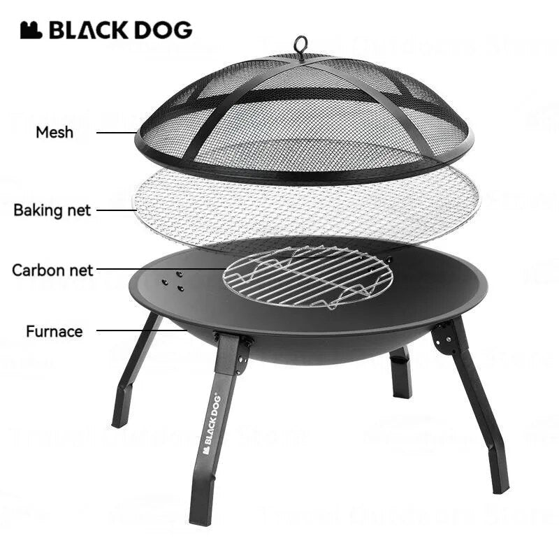 BLACKDOG FIRE PIT Barbecue Heating Charcoal Grill Stove Burner Camping Cooking Tea Coffees Iron BBQ Stove Home Outdoor Fire With Flameproof Netting Black Dog